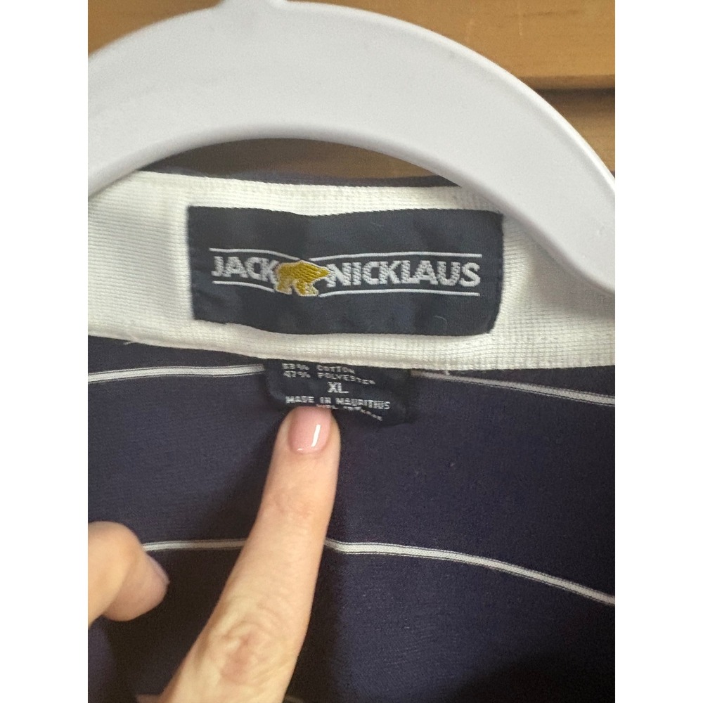 Jack Nicklaus Golden Bear Mens XL Navy Blue Striped Golf Polo Shirt Pocket Logo - Picture 3 of 4